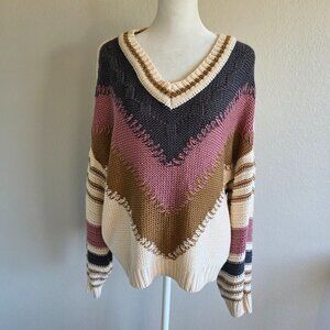 Saltwater LUXE Knit Chevron Stripe Sweater Size Large Soft Chunky Boho Oversized
